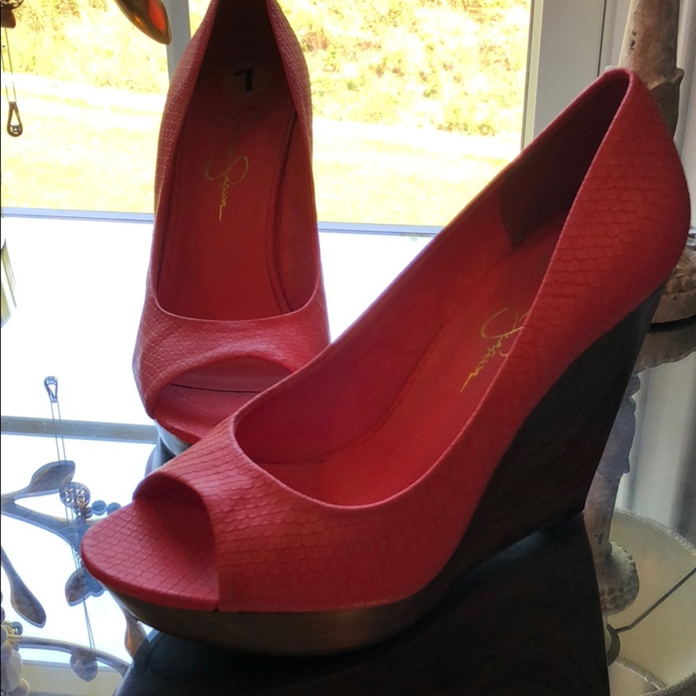Coral Jessica Simpson Peep Toe Wedges
